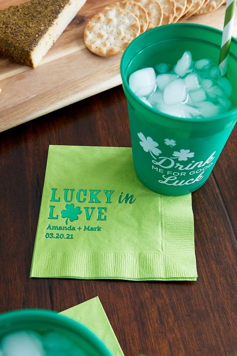 Our personalized "Lucky in Love" party napkins will add the perfect amount of shamrock flair to your next party! With a two lines of text below the Lucky in Love design these beverage napkins can be personalized for your wedding, anniversary, engagement party or bridal shower. Have a stack at your party bar or dessert bar! Irish Bridal Shower Ideas, Lucky In Love Engagement Party, Lucky In Love Bridal Shower Decor, Lucky In Love Wedding, Shower Options, Bridal Shower Decor, Cocktail Napkin, Party Bar, Spring Weddings