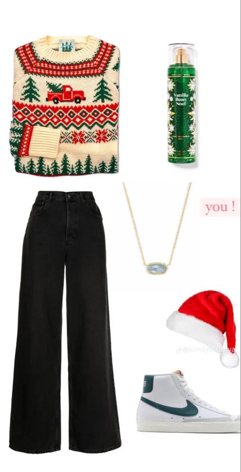 Outfit For Christmas Party In School, Christmas Vibe Outfit, Christmas Outfit Layout, Christmas Outfit Preppy, Christmas Sweater Outfit Ideas For Women, Cristmass Aesthetic Outfit, Christmas Preppy Outfits, Christmas Aesthetic Clothes, Pretty Christmas Outfits