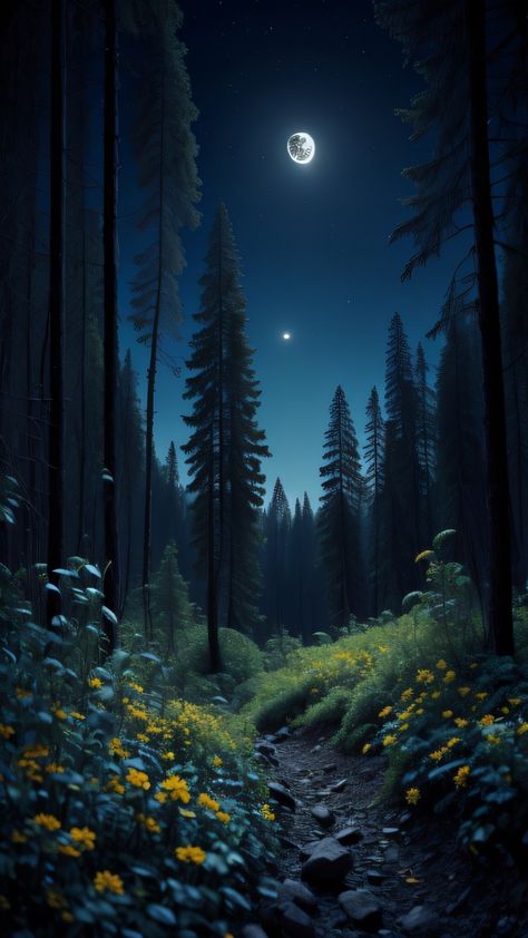 Paintings Of Night Scenes, Nighttime Wallpaper Iphone, Forest At Night Illustration, Forest At Night Art, Nighttime Forest Aesthetic, Night Forest Drawing, Mystical Forest Drawing, Forest Night Painting, Forest At Night Painting