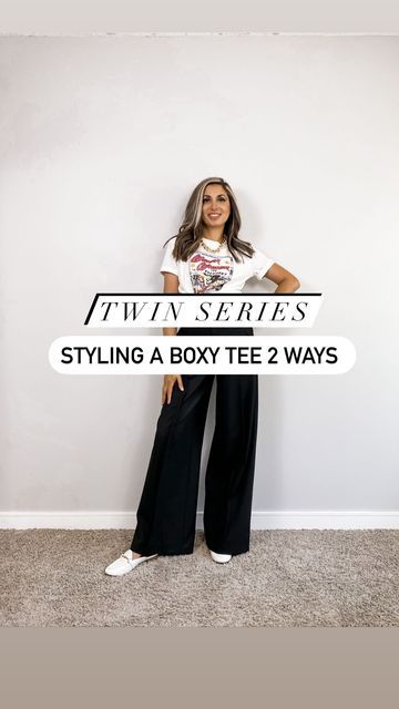 Puneet Brar & Suneet | Canadian 🇨🇦 | Twins on Instagram: "Styling a Boxy Graphic T-Shirt

Today we are showing you how we have styled a boxy t-shirt two ways. 

Look 1 is styled with a wide leg trouser and look 2 on top of a dress- made my dress look like a skirt! 

Style tip: Remember always do a tuck or tie to give more shape to your boxy tee! 

T-Shirt- H&M

#thestylisttwins #yycstylist #personalshoppers #summeroutfit #summer2022 #ootd #fashiontoday #outfitoftheday #blacktrousers #casualwear #boxytee" Trendy Boxy Fit T-shirt For Spring, Letter Print Boxy Fit T-shirt For Spring, Relaxed Boxy T-shirt For Spring, Spring Boxy Fit T-shirt For Streetwear, Casual Boxy Fit T-shirt With Shirttail Hem, Boxy Tee, Black Trousers, 2 Way, Fashion Today