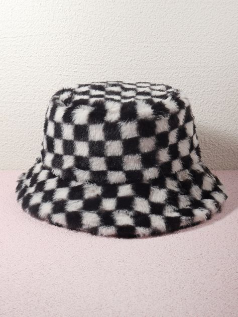 Black and White Casual   Polyester Plaid Bucket Hat Embellished  Fall/Winter Women Accessories Checkered Bucket Hat, Cute Bucket Hats, Plaid Bucket Hat, Fuzzy Bucket Hat, Fluffy Bucket Hat, Bucket Hat Pattern, Dope Hats, Bucket Hat Women, Bucket Hat Black