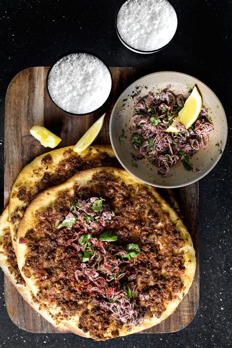 Turkish Lahmacun Flatbread with Sumac Lamb, Tomato, Paprika, Shallot, Mint and Lemon Yogurt Lahmucan Recipe, Ayran Drink, Sumac Lamb, Lamb Flatbread, Sumac Salad, Lamb Pizza, Turkish Flatbread, Turkish Lamb, Turkish Pizza