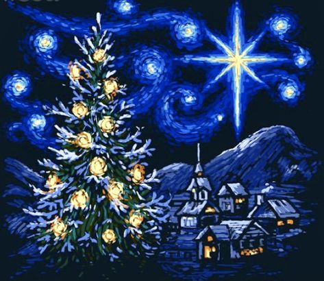 Stary Night Christmas, Starry Night Christmas Tree, Van Gogh Christmas, Night Village, Christmas Mosaics, Winter Art Lesson, Starry Night Painting, Night Christmas, Simple Canvas Paintings