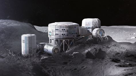 ArtStation - Twardowsky's Moon habitat, Mac Rebisz Moon Habitat, Space Colony Concept, Lunar Base, Neo Japan, Moon Base, Space Colony, Kerbal Space Program, Space Fighter, Science Stories