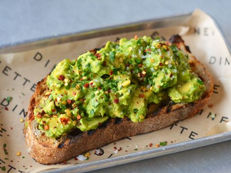 Avocado Toast : Californians are fiercely proud of their incredible avocados; they've turned the creamy green fruit into an everlasting fad. Aside from the ubiquitous guacamole throughout the state, avocado shows up in everything from burgers to ice cream, but one of the most-popular ways to enjoy avocados is mashed high on top of toast. There are endless ways to modify avocado toast topped with caviar, feta, radishes and then some, but keeping it simple can be just as delicious. At Dinette ... Texas Toast Recipe, Avocado Toast Breakfast, Homemade Baked Bread, Power Breakfast, Recipe Icon, Texas Toast, Baking Bread Recipes, Toast Toppings, Filling Breakfast