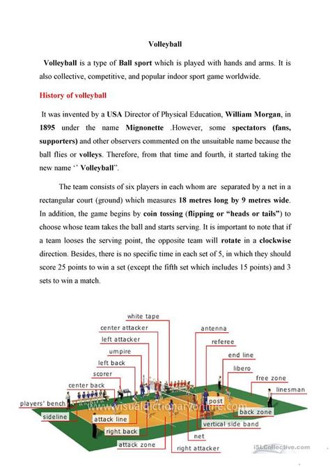 Volleyball and beach Volleyball - English ESL Worksheets Teaching Volleyball Basics, Volleyball Lesson Plans, Volleyball Vocabulary, Volleyball Terms And Meanings, Volleyball Numbers On Court, Olympic Badminton, Olympic Games Sports, Childrens Yoga, Jordyn Wieber