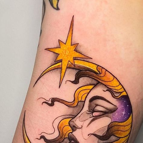 Iza Bagińska Tatuaże on Instagram: "Pani Księżyc 🌜 Zapisy: studio@77ink.pl #moontattoo #moonlady #inked #neotrad #neotraditional #neotraditionaltattoo #tattoo #77ink #polandtattoos #tattooart #ink #tatuaż #neotradtattoo #moon #stars" Neotraditional Sun And Moon, Neo Trad Tattoo, Tatting, Tattoos, Instagram