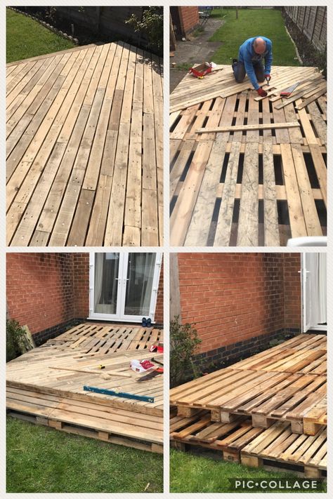 Pallet Patio Decks, Pallet Deck Diy, Outdoor Pallet Projects, Pallet Patio, Front Porch Ideas Curb Appeal, Backyard Remodel, Farmhouse Front, Backyard Playground, Deck Decorating Ideas