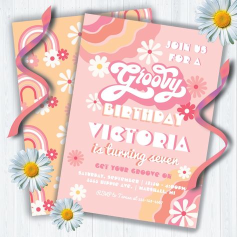 Hippie Birthday Party, Retro Birthday Parties, Floral Birthday Party Invitations, Pink Terracotta, Hippie Birthday, Floral Birthday Party, Retro Birthday, Floral Birthday, Retro Font