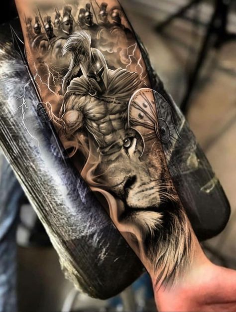 Mens Warrior Sleeve Tattoo Ideas, Roman Soldier Tattoo Sleeve, Best Spartan Tattoo, Man Half Sleeve Tattoo, Warrior Tattoos Men, King Leonidas Tattoo, Tiger Tattoos Men, Christian Warrior Tattoos For Men, Men Realism Tattoo