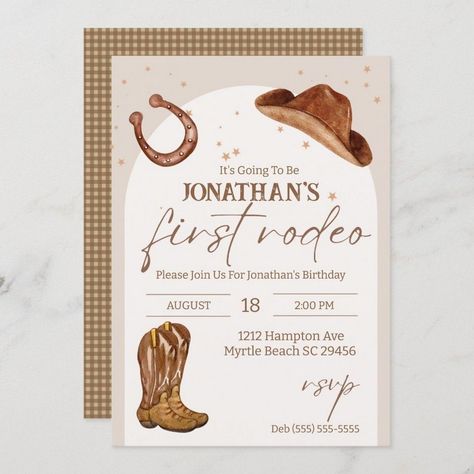 Get-Together Time: Kid's Birthday Party Cowboy Themed Invitations, My First Rodeo Birthday Invitation, Western Themed Invitations, First Rodeo Birthday Boy Invitation, My First Rodeo Birthday Invitations, Western Invitations Template, Rodeo Invitations, Rodeo 1st Birthday, Cowboy Party Invitations