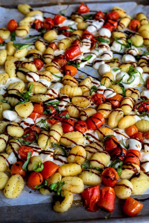 Gnocchi Veggie Sheet Pan, Caprese Gnocchi Recipes, Recipe With Sprouts, Caprese Gnocchi, Sheet Pan Gnocchi, Gnocchi Bake, Mozzarella Pearls, Tomatoes Mozzarella, Pan Cooking