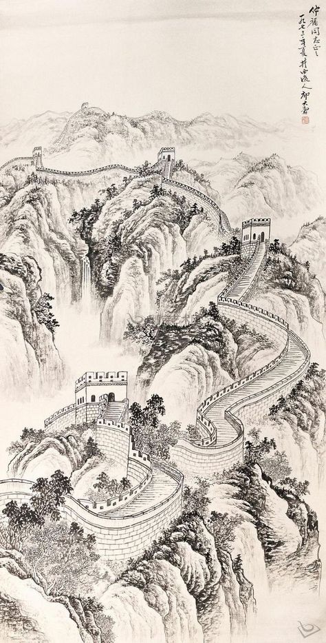 Chinese Drawings, Architecture Drawing Sketchbooks, Abstract Coloring Pages, Landscape Tattoo, Chinese Art Painting, Pirate Art, Fantasy Wall Art, Princess Drawings, Great Wall Of China