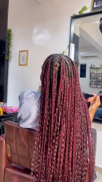 Red Brown Goddess Braids, Burgundy Knotless Goddess Braids, Long Red Goddess Braids, Red Knotless Braids With Black Roots, Red Bohieman Knotless Box Braids, Burgundy Knotless Braids With Curls, Maroon Goddess Knotless Braids, Maroon Boho Knotless Braids, 99j Braids Black Women