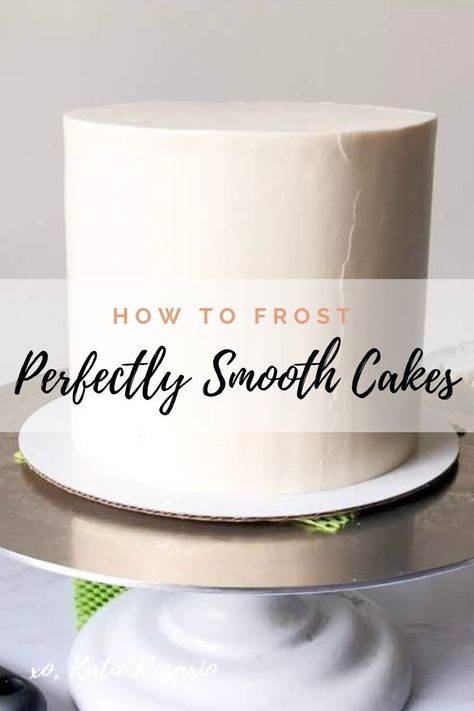 How to Frost a Cake with Buttercream - Step-by-Step Video Tutorial | I'll share the exact steps you'll need to get perfectly smooth sides and sharp edges. I hope that you'll learn from my mistakes and be light years ahead in your decorating journey with this How to Frost Perfectly Smooth Cake tutorial. To see the full tutorial, go to XOKatieRosario.com - see you there! #xokatierosario #katierosariocakes #frostcakes #crumbcoatcakes #cakedecoratingtips Frost A Cake, Smooth Buttercream, Cake Pop Tutorial, Simple Cakes, Cold Cake, Cake With Buttercream, How To Make Cream, Cake Decorating For Beginners, How To Make Frosting