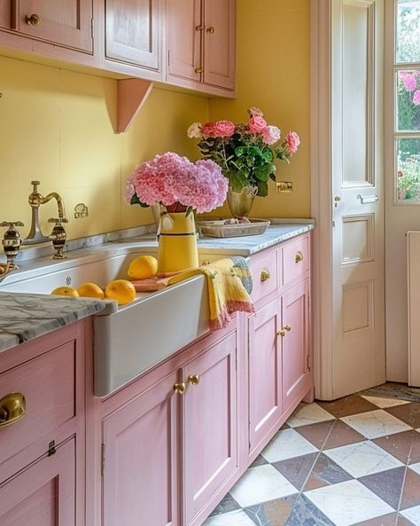 If like us you're still not over Bridgerton, @jenconell.home should be your new go-to for all your inspiration 🎀 #bridgerton #bridgertoninterior #interiordesign #idealhome #myidealhome Pink House Exterior, Pink Kitchen Cabinets, Modern Retro Kitchen, Future Interior Design, Dreamy Kitchens, Cottage Core Room, Whimsical Kitchen, Rose Dans, Yellow Kitchen Decor