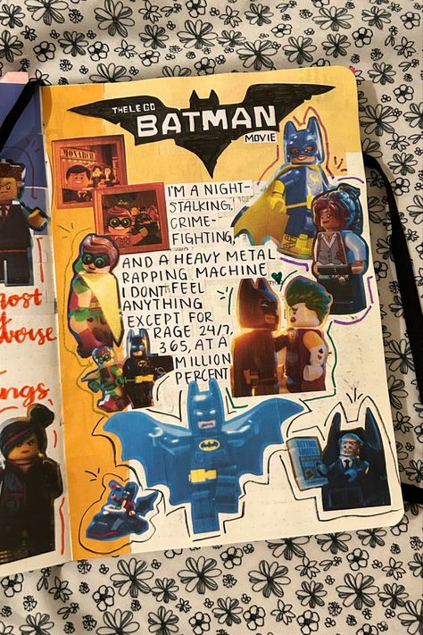 the lego batman movie page in my film and tv show journal Lego Batman Movie Poster, Lego Batman Aesthetic, Lego Batman Drawing, Batman Scrapbook, Lego Batman Movie Quotes, Lego Batman Quotes, Batman Journal, Movie Journal Page, Tv Show Journal