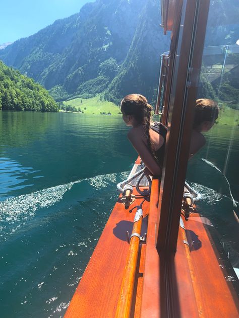 Konigsee, alps, bavaria, germany, austria, traveling, lake, ship, boat, aesthetics, nature, mountains, trip Lake Konigsee Germany, Konigsee Lake, Switzerland Adventure, Boat Window, Leaning Out, Aesthetics Nature, Trip To Switzerland, Houses In Germany, Ship Boat