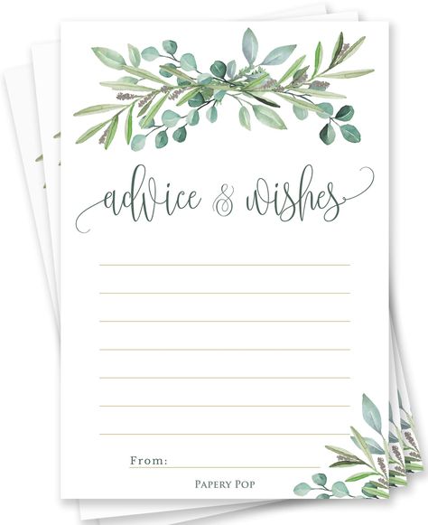 PRICES MAY VARY. 50 Advice & Wishes cards Made of premium sturdy paper, measuring 5.5 x 8 inches High quality printing with clear details and vibrant colors Perfect for any occasion: bridal shower, wedding, baby shower, birthday party, graduation, retirement, etc. These Advice and Wishes cards are printed on premium satin paper and can be written on with either pencil or pen without smearing. Each card measures 8 x 5.5 inches and comes in an watercolor eucalyptus leaves and greenery design that Eucalyptus Office, Retirement Advice, Greenery Design, Wedding Advice Cards, Watercolor Eucalyptus, Advice Cards, Wedding Games, Eucalyptus Leaves, Baby Sprinkle