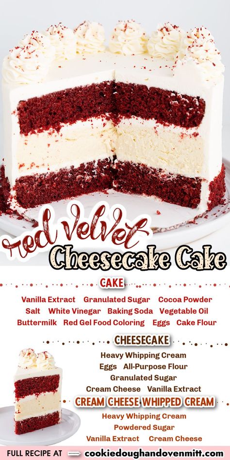 This over-the-top Red Velvet Cheesecake Cake has two layers of homemade red velvet cake with a crustless vanilla cheesecake center and a cream cheese whipped cream frosting. It's rich, decadent, and the perfect dessert to serve for Valentine's Day or for any occasion! Cream Cheese Whipped Cream Frosting, Red Velvet Cake Recipe Easy, Homemade Red Velvet Cake, Red Velvet Cheesecake Cake, Cream Cheese Whipped Cream, Cheesecake Cake Recipes, Cheesecake Frosting, Red Velvet Cake Recipe, Velvet Cheesecake