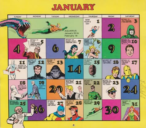 January calendar month, DC Comics, birthdays Make Poster, Superman Story, Journal Photos, Superman 1, Ocean Master, King Shark, January Calendar, Classic Blues, The Spectre