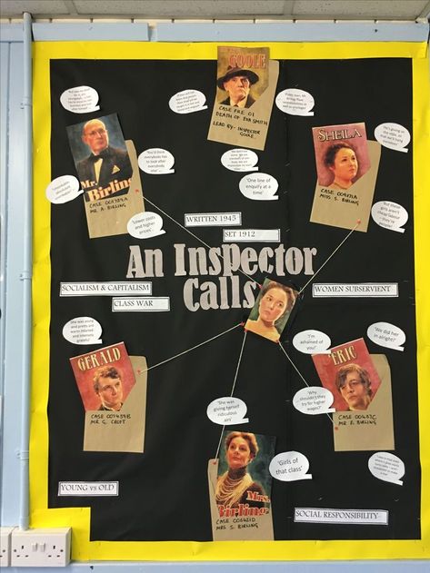 An Inspector Calls. Secondary English Classroom Display Ideas    || Ideas, activities and revision resources for teaching GCSE English || For more ideas please visit my website: www.gcse-english.com || Classroom Secondary, Classroom Displays Secondary, Classroom Display Ideas, English Classroom Displays, Class Board Decoration, English Display, Secondary English Classroom, Aesthetic Diys, An Inspector Calls