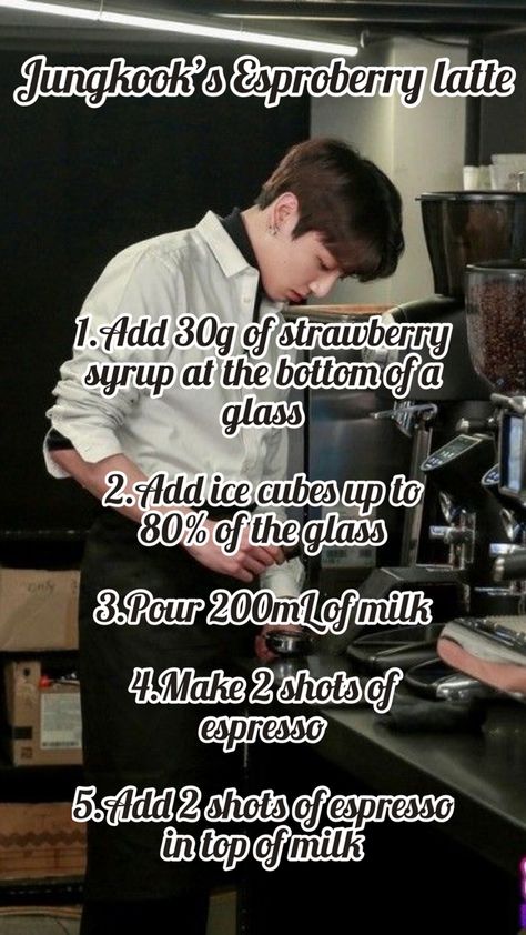 Coffee Recip BTS #jungkook K Pop Recipes, Bts Starbucks Drink, Jungkook Drinking Coffee, Jungkook Recipe, Kpop Starbucks Drink, Kpop Drinks, Kpop Recipes, Jungkook Cooking, Bunny Recipes