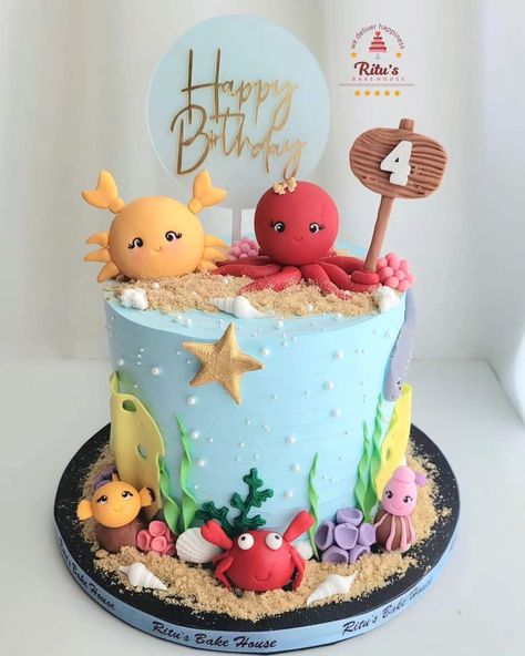 Ocean Animals Cake, Ocean Cake Ideas, Underwater Birthday Cake, Birthday Party Under The Sea, Octopus Cake, Underwater Birthday, Panda Items, Baby Boy Birthday Cake, 3 Birthday