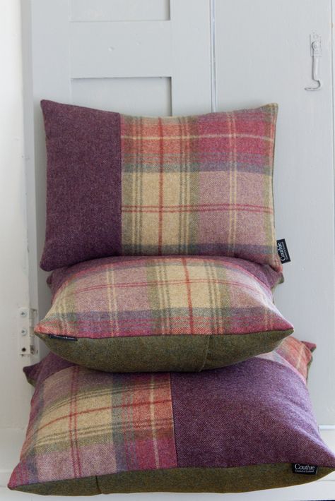 Couthie handmade tweed cushions in purple heather and mossy green. Crafty Presents, Tartan Chair, Tartan Decor, Scottish Interiors, Scottish Decor, Plaid Pillows, Cushion Inspiration, Tartan Cushions, Sewing Cushions