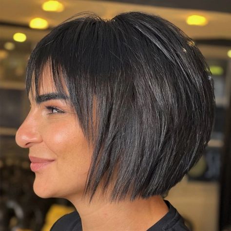 Sharp Bob with Cheekbone-Skimming Bangs Bob With Bangs Red Hair, Wispy Bob With Bangs, Short Hair Transformation, Bob Haircuts With Bangs, Short Wavy Bob, Choppy Bob Haircuts, Polished Hair, Bob Hairstyles With Bangs, Black Bob