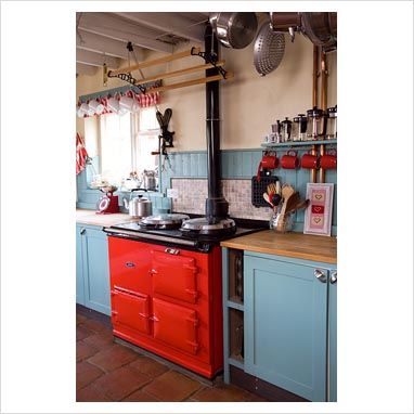 love the blue and red combo.    GAP Interiors - Country kitchen - Picture library specialising in Interiors, Lifestyle & Homes Blue And Red Kitchen, Narrow Cabinet Kitchen, Aga Kitchen, Backsplash For White Cabinets, Green Kitchen Accessories, Kitchen Revamp, Paint For Kitchen Walls, Brown Kitchen Cabinets, Kitchen Blue