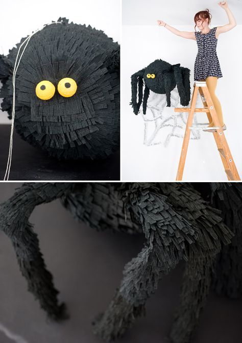 The DIY is cool, but her outfit is perfect!....Spider-Pinata-2 Spider Pinata, Spider Diy, Halloween Piñatas, Halloween Pinata, Diy Spider, Handmade Halloween Decorations, Dulces Halloween, Piñata Ideas, Halloween Fest