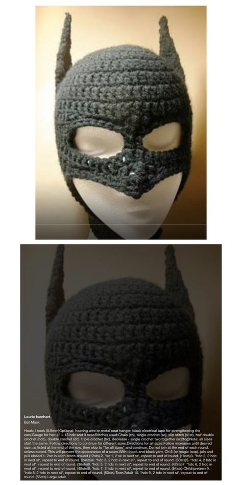 Crochet Batman, Bat Mask, Batman Mask, Crochet Mask, Crocheted Hats, Crochet Faces, Bonnet Crochet, Mask Pattern, Yarn Projects