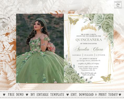 Sage Green Quinceanera Invitations, Pastel Sage Green, Picture Invitations, Quince Decor, Quince Themes, Quinceanera Invitation, Green Roses, Sage Green Floral, Invitation Diy