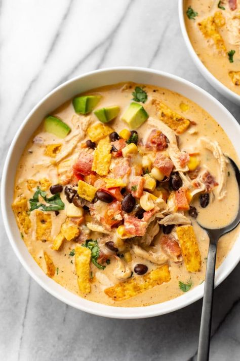 Easy Chicken Taco Soup • Salt & Lavender Chicken Tortilla Soup With Cream Cheese, Chicken Fajita Soup Crockpot, Salsa Chicken Soup, Creamy Chicken Taco Soup, Easy Chicken Taco Soup, Tomato Cream Cheese, Creamy Taco Soup, Southwestern Chicken Soup, Easy Chicken Taco