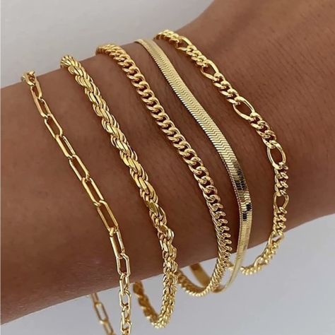 Material: 14k Gold Plated Hypoallergenic Lead & Nickle Free Tarnish Free Length: 8.5” 5pc Bracelet Set