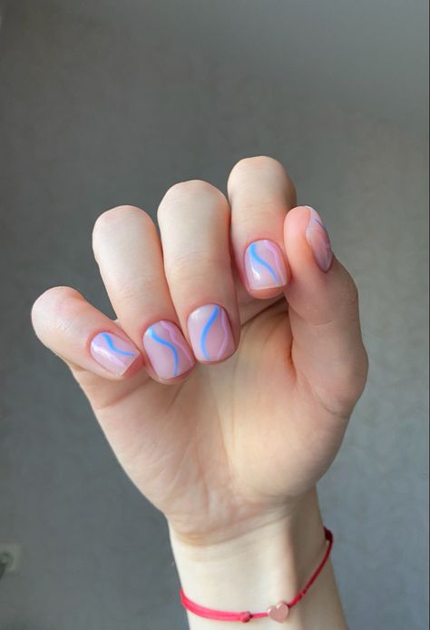 Nails idea Short Nails Design Pink, Pink And Blue Nails Short, Pink And Blue Nails Design, Nails Design Pink, Blue Nails Design, Pink And Blue Nails, Minimalistic Nails, Short Nails Design, Blue Lines