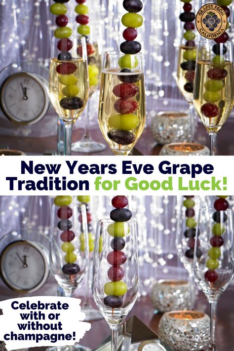 Spanish tradition calls for eating a grape with each bell strike at midnight on New Years Eve for good luck.  Celebrate with grapes from California, with or without champagne, for good luck in the new year!  #NewYearsEvetraditionsgrapes #NewYearstraditionsforgoodluck #NewYearstraditionsgrapes #NewYears #NewYearsEve #NewYearsEvefoods #NewYearstraditions #celebrateNewYears #NewYearsaroundtheworld #goodluckgrapes #traditional #best #traditionalgoodluck #lucky #goodluck #Spanish Grapes On New Years Eve, Grapes For New Years Eve, New Year’s Eve Night In Ideas, What Are You Supposed To Eat On New Years, New Years Grapes Ideas, New Years Dinner Ideas Meals Families, New Years Eve Grapes, Grapes New Years Eve, Nye Appetizers New Years Eve