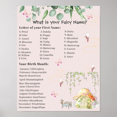 Fairy Name Sign - woodland baby shower posters Last Names Ideas, Fairy Name Generator, Your Fairy Name, Fairy Name, Fairy Names, Fairy Theme, Enchanted Fairy, Fairy Forest, Shower Cookies