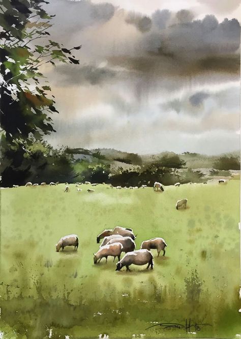 Watercolor Scottish Landscape, Watercolour Farm Landscape, Sheep Landscape Painting, Giant Watercolor Paintings, Scottish Landscape Art, Scotland Watercolor Paintings, Michael Solovyev Watercolor, Watercolor Sheep Paintings, Watercolor Farm Landscape