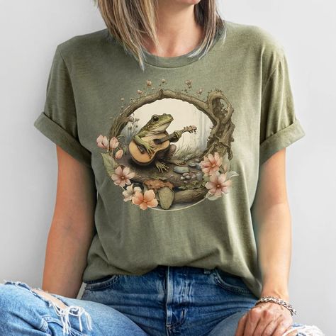 Frog Playing a Guitar T-shirt Cottagecore Aesthetic Frog - Etsy Canada Aesthetic Frog, Playing A Guitar, Frog T Shirt, Frog Shirt, Frog T Shirts, Cottagecore Aesthetic, Flowy Skirt, Look Plus, Oversized Shirt