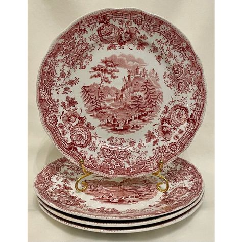 These antique bread plates are in the Trolean pattern by the English ceramic firm W. Ridgeways & Co. The urn and arrow hallmark on the underside of the plates indicate they were made between 1834-54. The plates are decorated in various shades of red and dark pink in the center with females in a landscape with two dear, and with village and mountains in the background. The borders feature sprigs of flowers in full bloom amongst scrolling foliage. All marked on the reverse and with impressed numbe Red China Plates, Red Transferware Christmas, Red Transferware, Red Plates, Transferware Plate, Patterned Plates, Mountain High, China Plates, Beautiful Plates