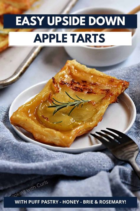 This easy upside down apple tarts with puff pastry and brie recipe showcases the natural sweetness of the fruit in an unexpected and fun way. With just a handful of ingredients and simple steps, this delicious dessert is a treat that is sure to impress! Apple Brie Puff Pastry Recipes, Upside Down Apple Tart With Puff Pastry, Upside Down Apple Tart, Apple Brie Puff Pastry, Upside Down Tarts, Puff Pastry And Brie, Tarts With Puff Pastry, Biscuit Desserts, Apple Pastries