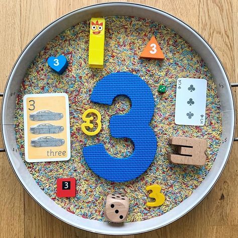 What Shall We Play Today? on Instagram: “Number 3 sensory bin  Henry loves the number two, then skips to 5, 6, 7! So the #oursensoryfairytales prompt of 3 was perfect for us. 3️⃣…” Tuff Tray Number Activities, Numbers Sensory Bin, Number 3 Activities For Toddlers, Number 1 Crafts Preschool, Number Tuff Tray, Number Sensory Bin, Playgroup Ideas, Sensory Bin Ideas, Instagram Number