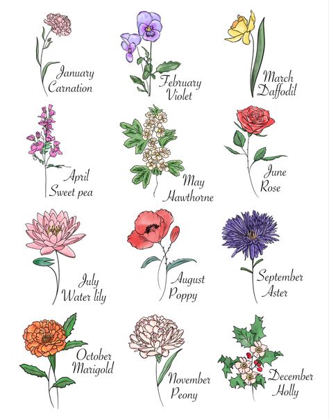 Birth Flower Bouquet, Flower Chart, Bouquet Tattoo, Birth Flower Tattoos, Grandmas Garden, Month Flowers, Birth Month Flowers, Flower Prints Art, Flower Shirt