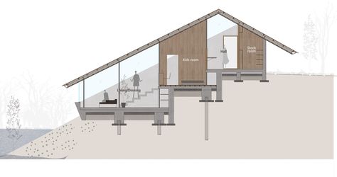 Small Lodge, Slope House Design, Sloping Lot House Plan, Slope House, Office House, Hillside House, Split Level House, A Frame House, Eco House