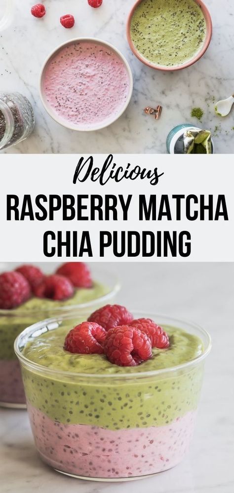 This Raspberry Matcha Chia Pudding is a pretty and nourishing make-ahead breakfast- it also makes a pleasant afternoon snack or healthy dessert! Chia Seed Pudding Raspberry, Vegan Raspberry Chia Pudding, Raspberry Matcha Chia Pudding, Strawberry Matcha Chia Pudding, Matcha Chia Pudding Recipes, Matcha Overnight Oats Chia Seeds, High Protein Chia Pudding Recipes, Chia Pudding Matcha, Chia Pudding Recipes Healthy Breakfast