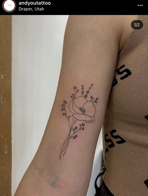 Artsy Fine Line Tattoo, Poppy Tattoo Placement, Poppy Flower Bouquet Tattoo, Two Flower Tattoo, Fine Line Poppy Flower Tattoo, Petunia Tattoo Simple, Poppy Line Tattoo, Sunflower And Poppy Tattoo, 18th Birthday Tattoo Ideas