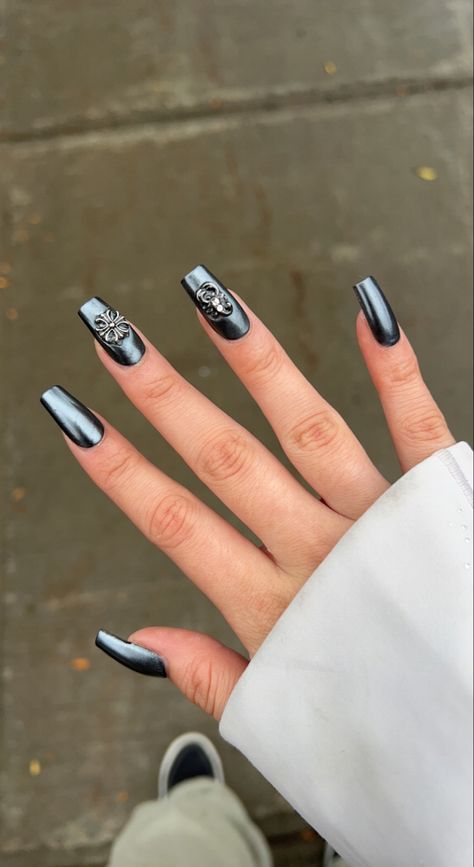 Dark Nails With Gems, 2023 Nail Trends Black, Scorpio Season Nails, October Nails 2023, Astro Nails, Grunge Aesthetic Nails, Gel X Manicure, Nails Chrome Hearts, Scorpio Nails Designs