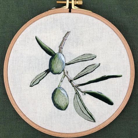 Peacocks & Pinecones on Instagram: “I really enjoyed stitching this Olive piece from a few months ago. There’s a lot less detail than my usual style but I think the contrast…” Olive Trees, Hand Embroidery Art, Large Pots, Olive Tree, Olive Branch, Back Garden, Our House, Embroidery Art, Pine Cones